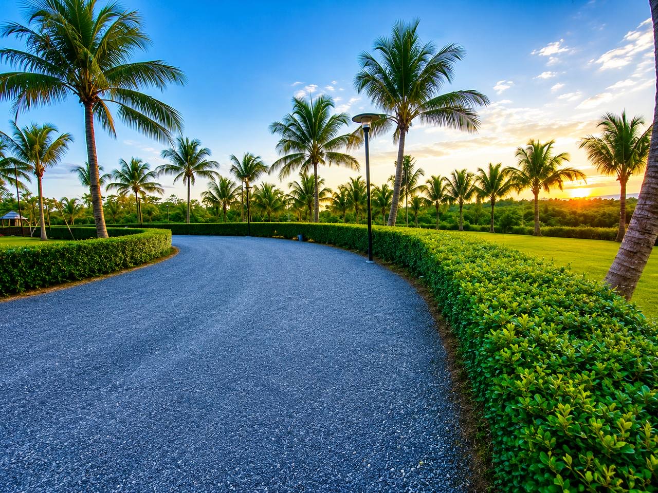 Palm pathway at sunset