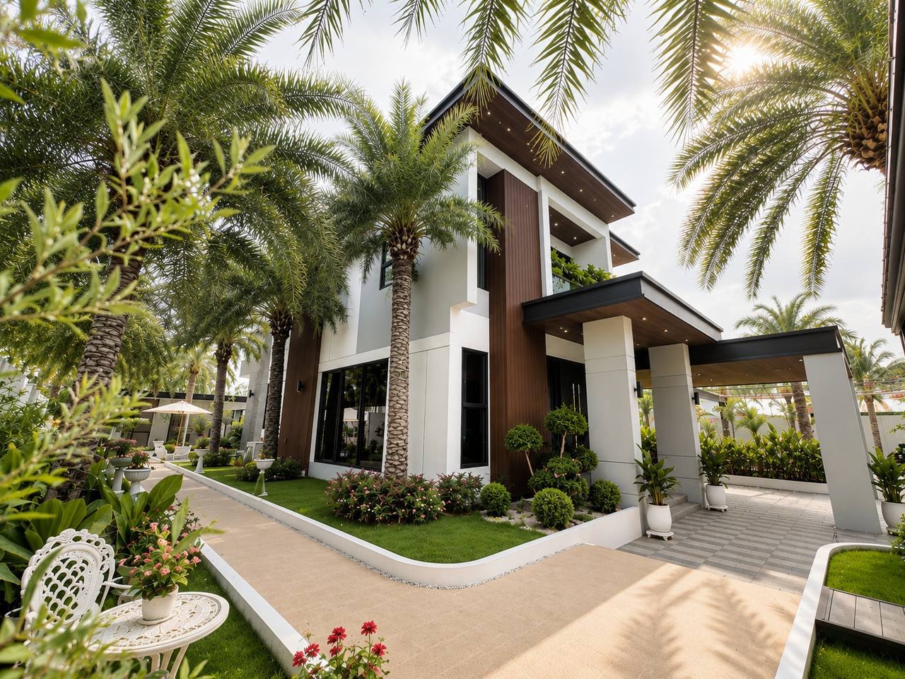 Villa exterior with palms