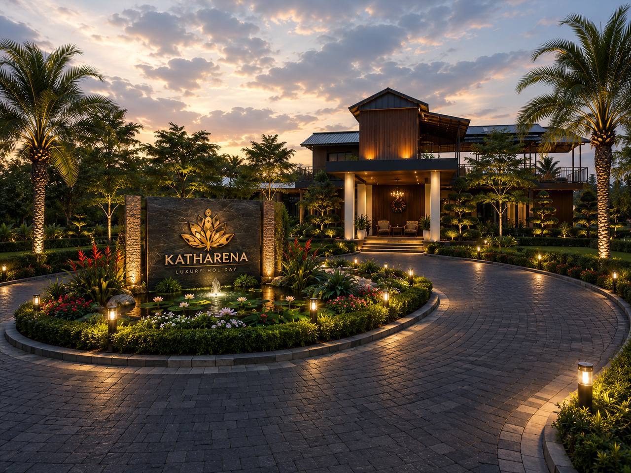 Illuminated resort entrance at dusk